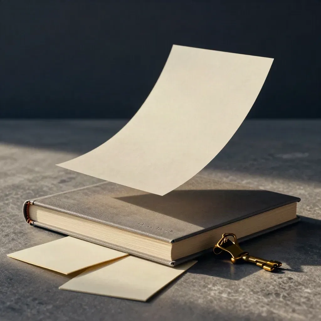 Slim folio, note cards, brass clip and translucent dividers on pewter stone, lit with soft dramatic shadows.