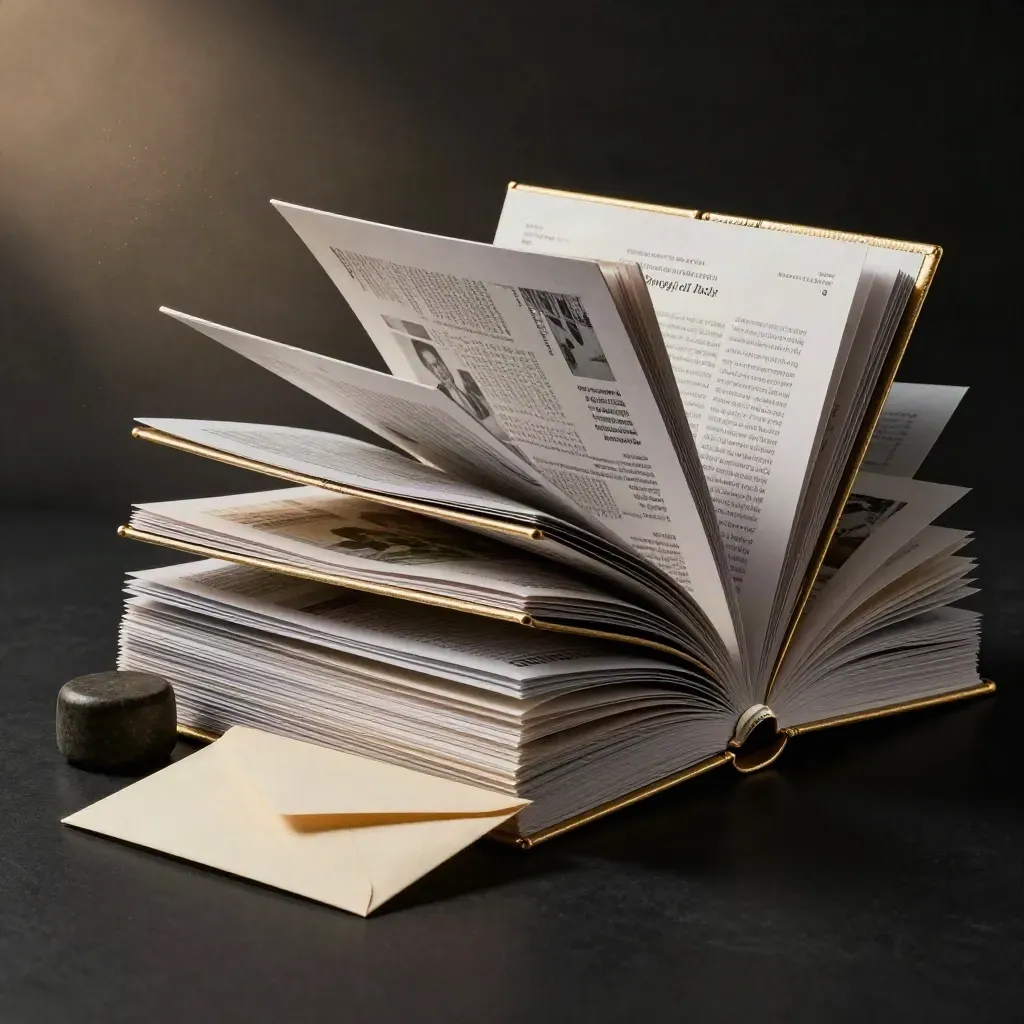 Foil-edged folio cases, sealed envelope, and stone weight on a matte-black studio surface.