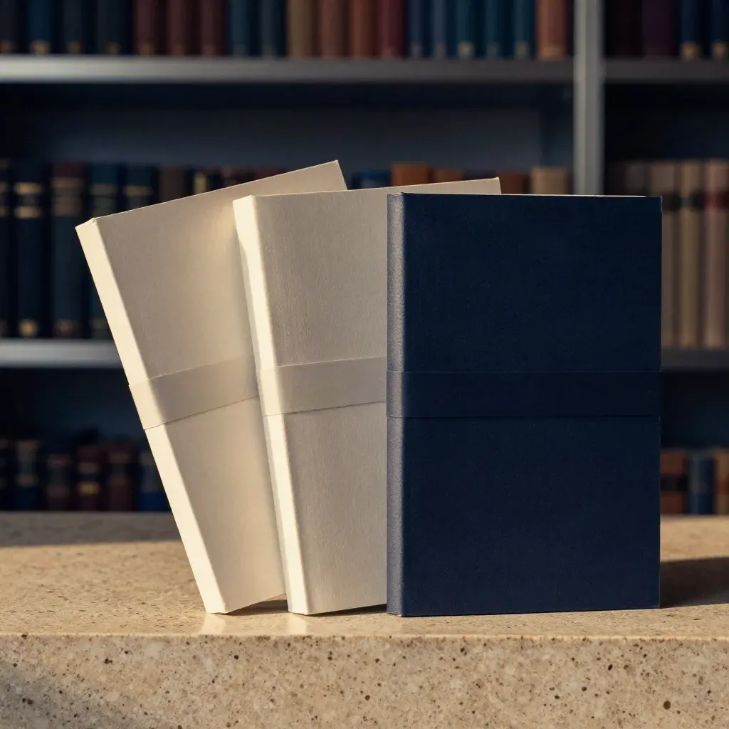 Three blank model-portfolio binders arcing on travertine, lit in a premium studio hero shot.