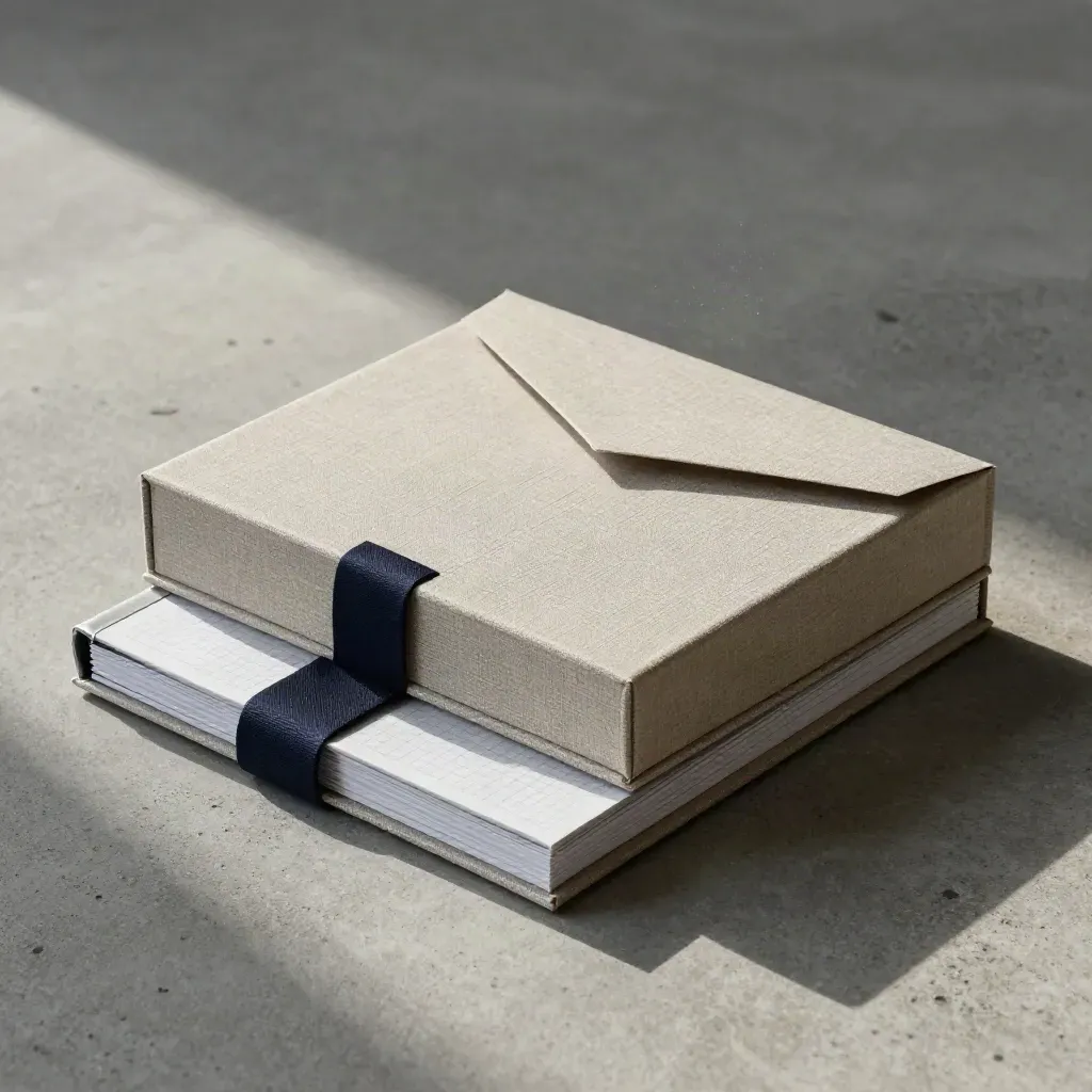 Linen archive box, two folios, and an envelope on concrete in a premium finance still life.