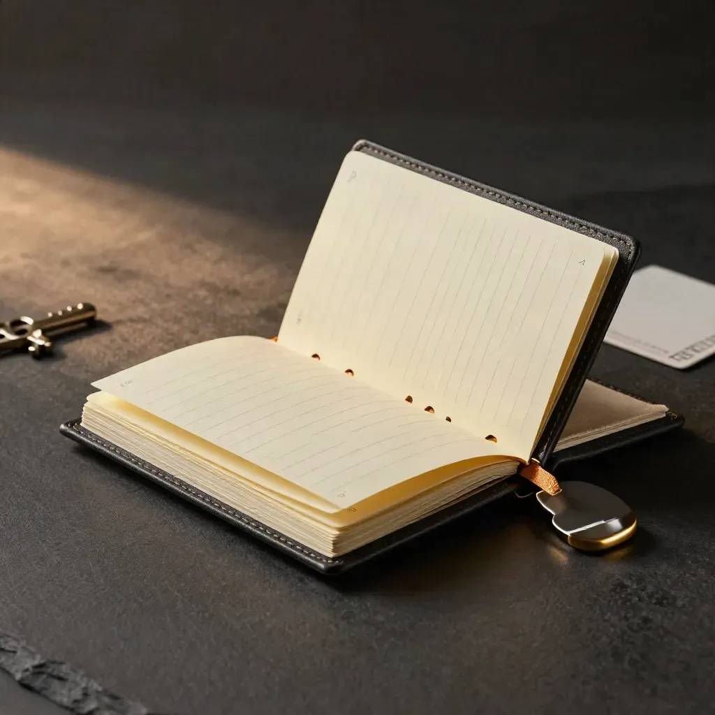 Slim field-notes case with fanned inserts, cloth bookmark and steel clip on dark slate.